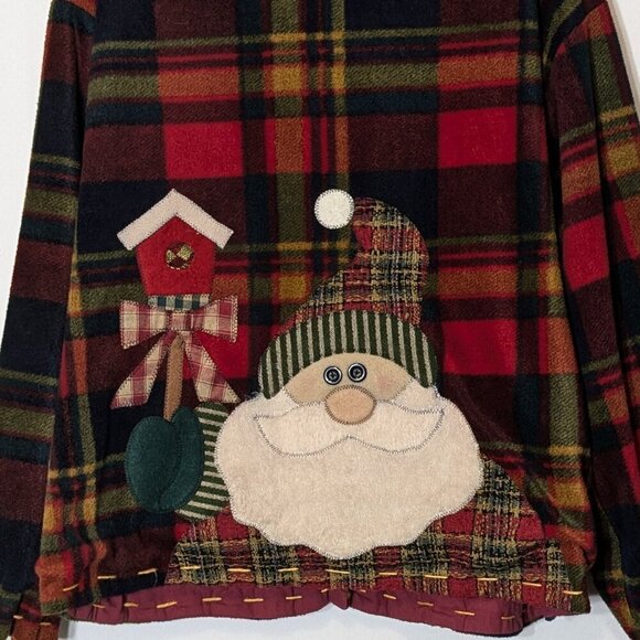 Burgundy Plaid Button Christmas Holiday Fleece Cardigan; Santa Claus; Size L-XL - Picture 4 of 5